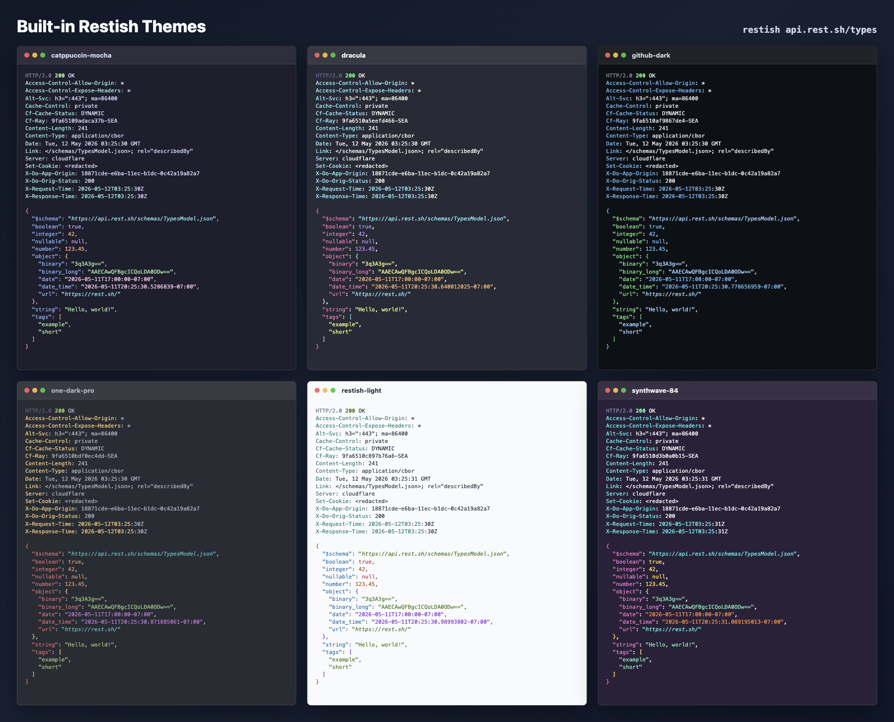 Six built-in Restish themes rendering the output of restish api.rest.sh/types